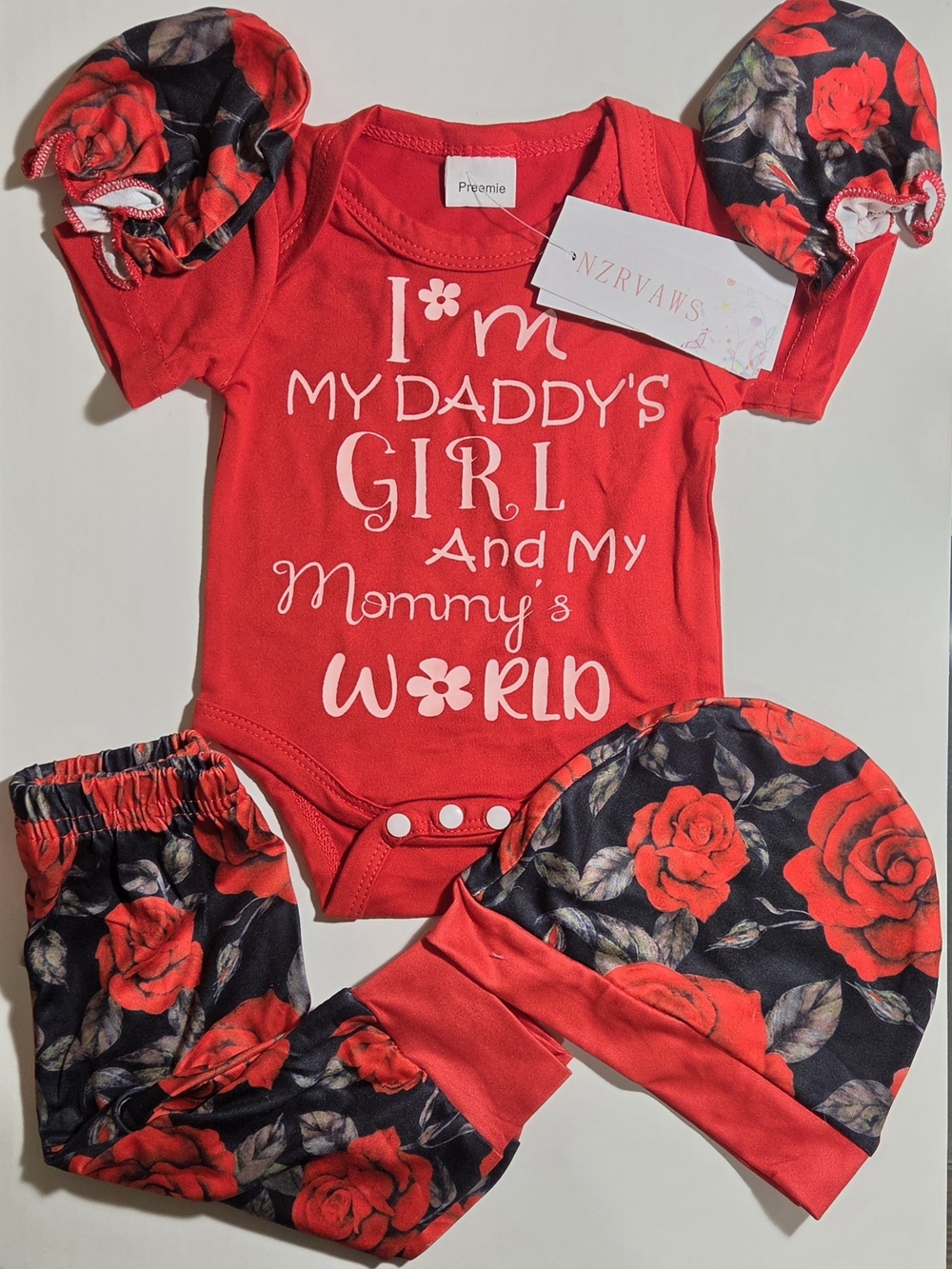 NZRVAWS Preemie Baby Girl Outfit Set Red Floral Onesie Pants Hat Daddy's Girl